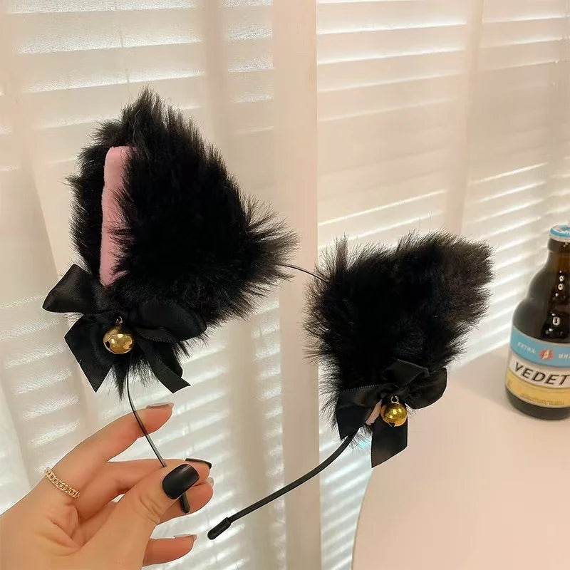 Sexy Cat Ears Headband for Women Girls Lace Bow Necklace Plush Bell Hairband Cosplay Masquerade-Party Costume Hair Accessories