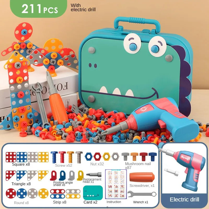 211PCS Pretend Repair Toolbox DIY Assembling Power Screwdriver Toy Kit Creative Games Educational Montessori Toys