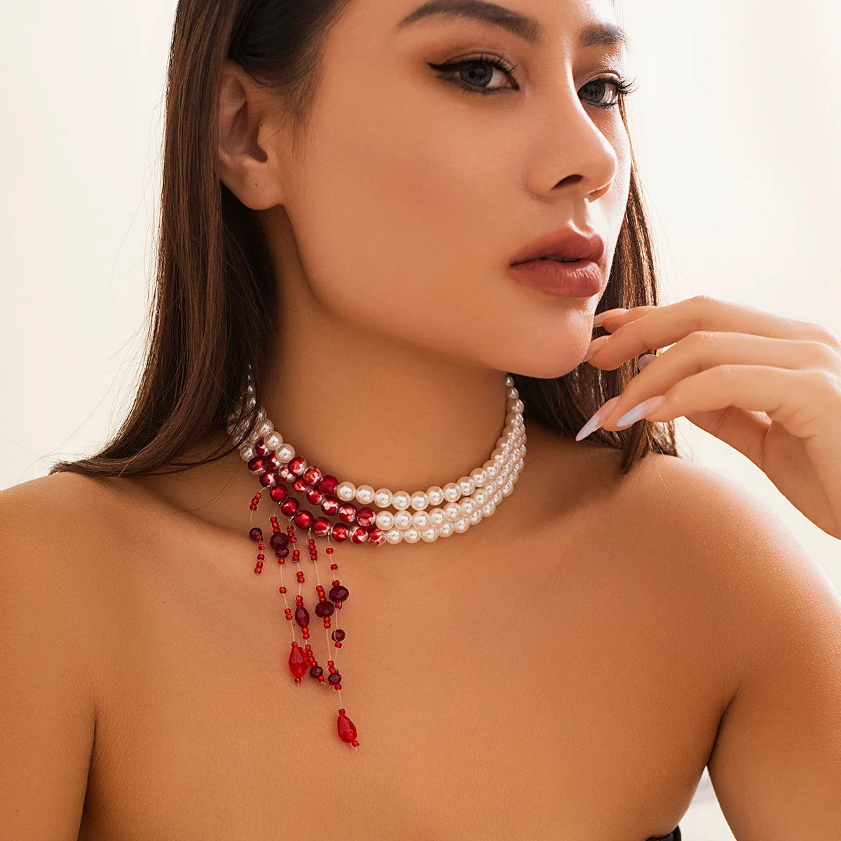 Multilayer Vintage Red Blood Pattern Imitation Pearl Tassel Pendant Necklace for Women Goth Crystal Bead Chain Halloween Jewelry