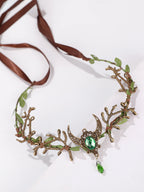 Fantasy Forest Fairy Moon Accessory - Green Gemstone Branch and Leaf Headband - Halloween / Fairy-Themed Party / Outdoor Photo Shoots