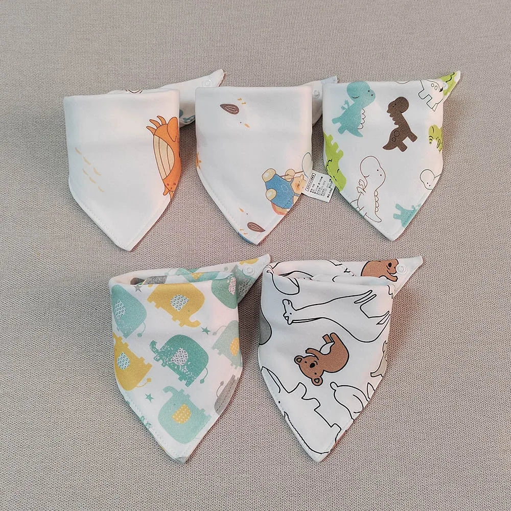 5pcs/lot Baby Bibs Triangle Double Cotton Bibs Cartoon Print Saliva Towel Baby Boys Girls Feeding Apron Cotton Bandana Bibs