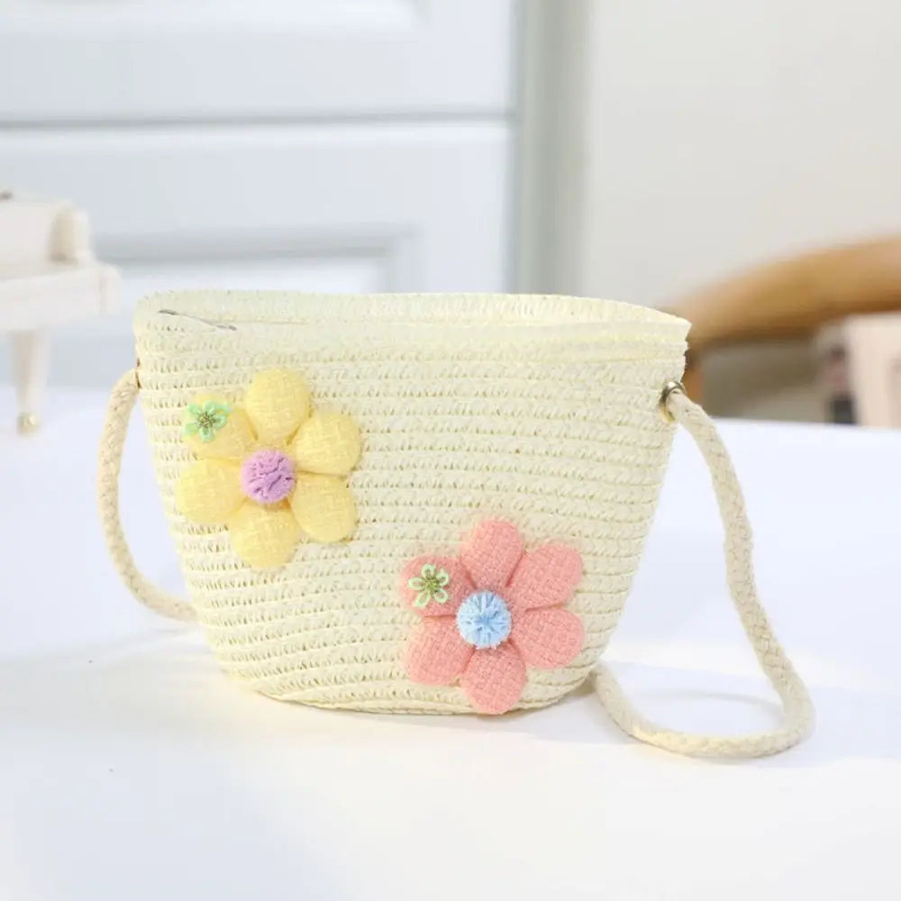 Handmade Woven Girl Flower Straw Bag Coin Purse Zipper Kid Messenger Bags Photo Props Storage Basket Crossbody Handbag