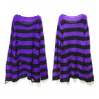 New Streetwear Top Punk Gothic Long Unisex Sweater Summer Women Striped Cool Hollow Out Hole Broken Jumper Loose Rock Thin Dark