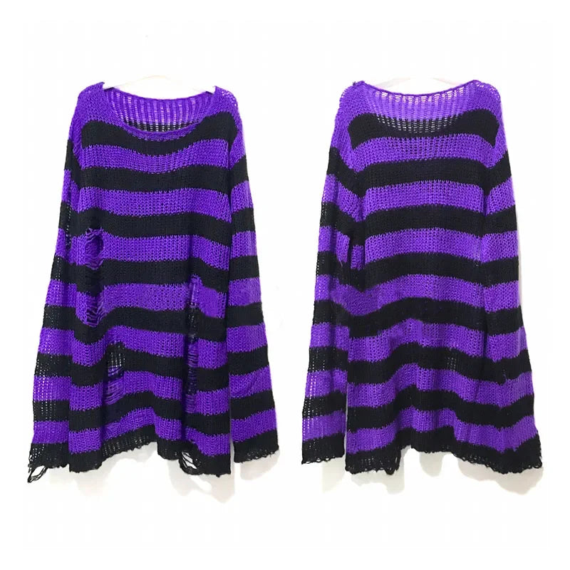 New Streetwear Top Punk Gothic Long Unisex Sweater Summer Women Striped Cool Hollow Out Hole Broken Jumper Loose Rock Thin Dark