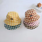 Stylish Kids Bucket Hat Checkerboard Plaid Pattern Sun Hat Breathable Wide Brim Cap For Boys And Girls