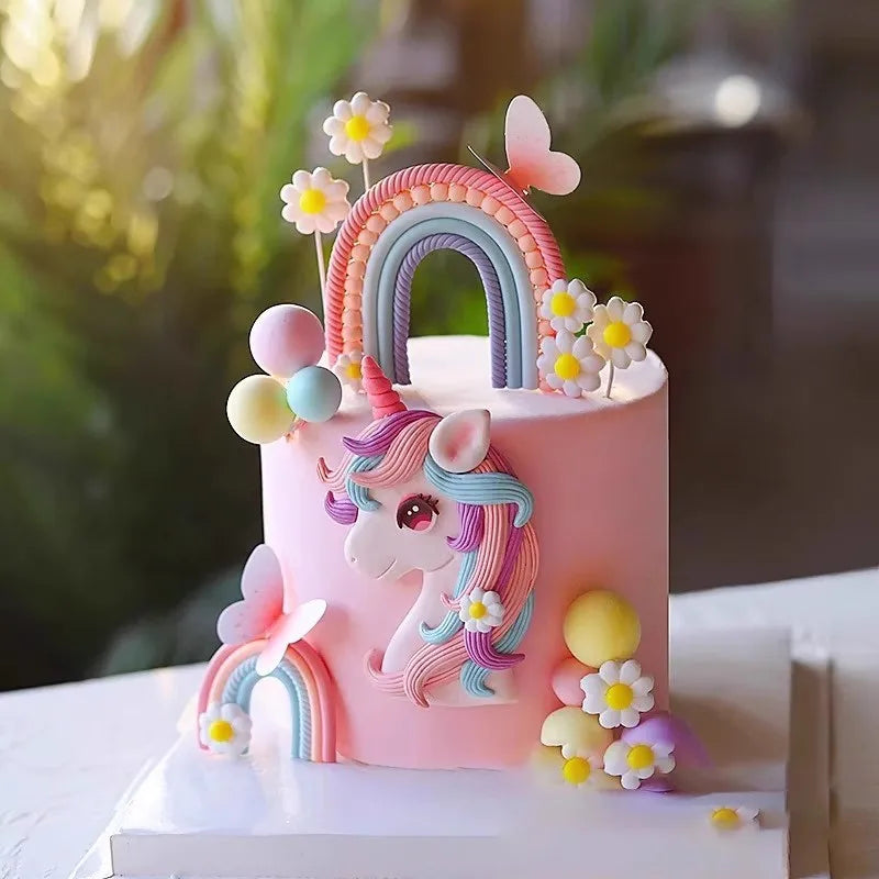 Pink Unicorn Birthday Cake Decorations Rainbow Unicorn Butterfly Cake Toppers Girls Happy Unicornio Birthday Party Cake Decors