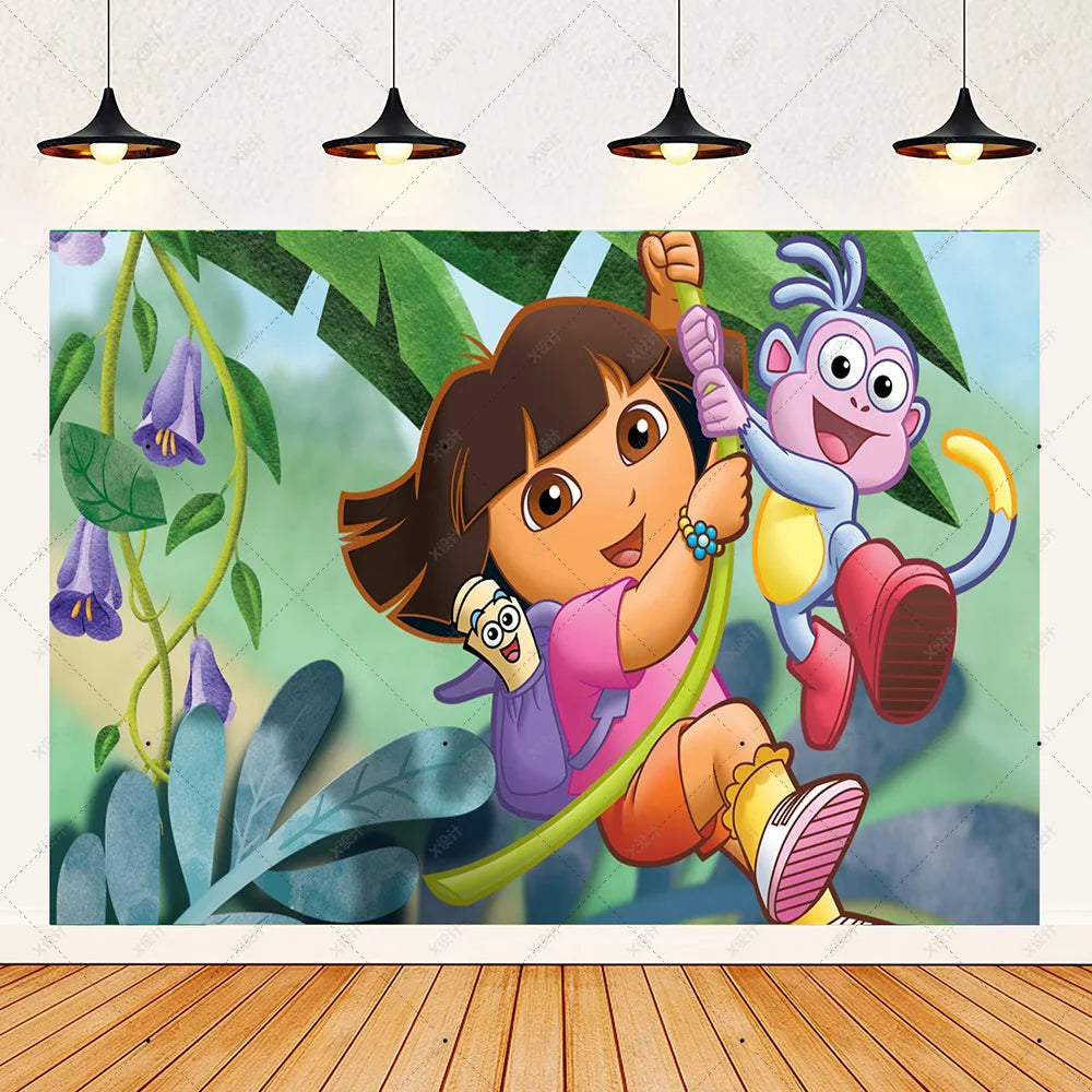 Cartoon-Dora-The-Explorer Theme Kids Birthday Party Digital Balloon Banner Background Cake Topper Decoration Supplies Baby Gifts