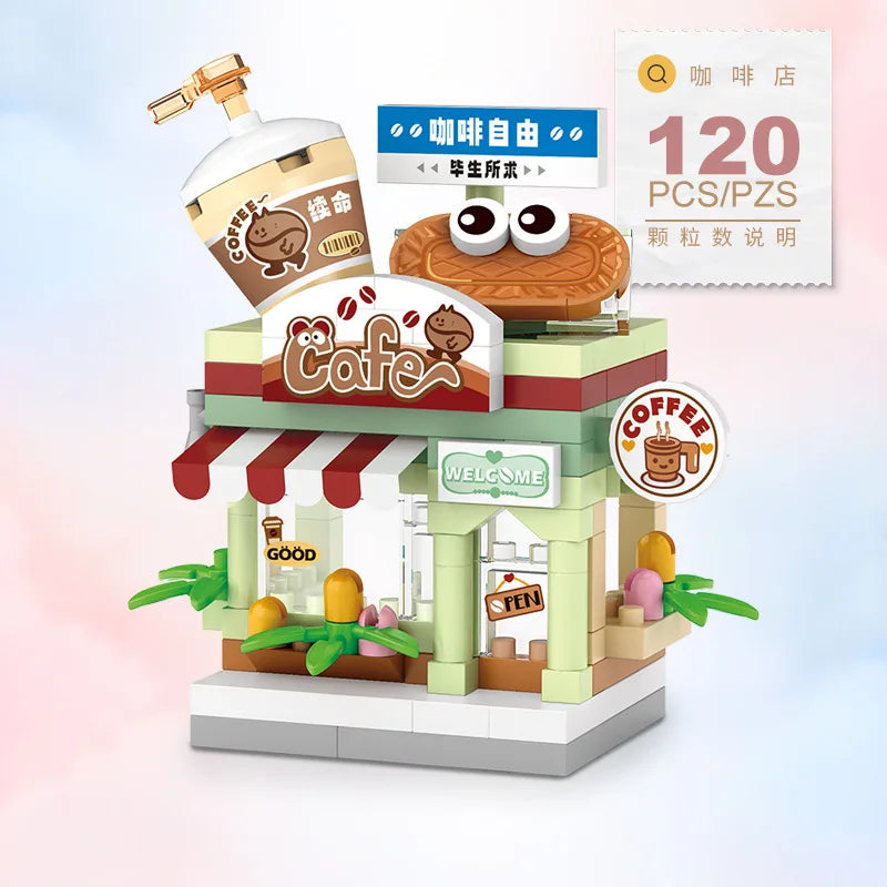 Mini ABS Self-Locking Bricks Street View Blocks Panda Coffee Ice Cream Flower Shop DIY Toy for Kids Girls Birthday Gift
