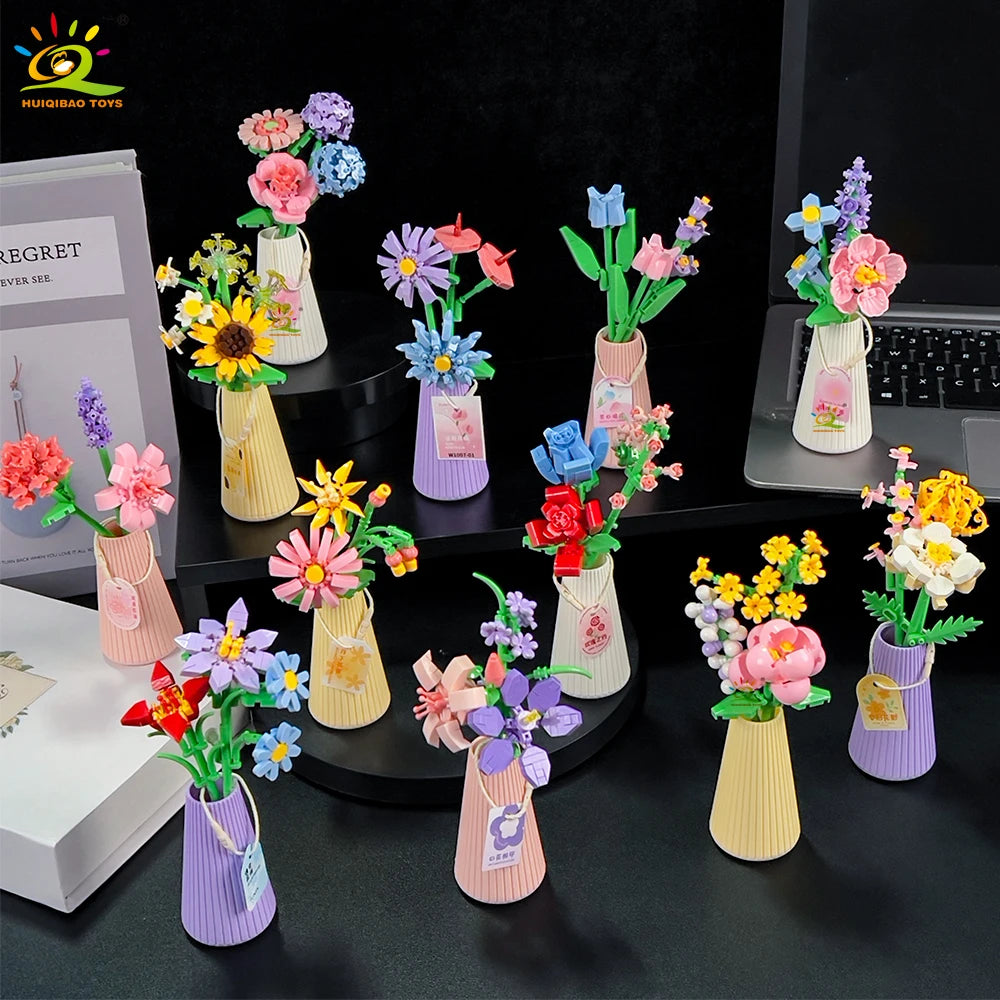 HUIQIBAO MOC Flower with pot Micro Building Block Sunflower Mini Model Bricks set Flowers Toys for Adults home Desk Decoration