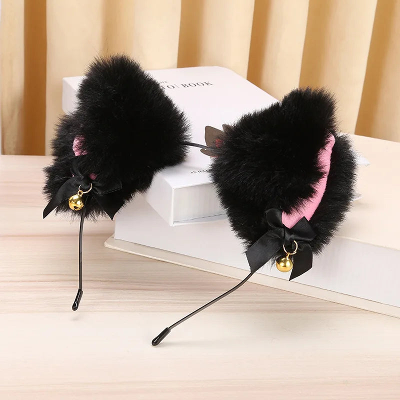 Plush Rabbit Sexy Cat Ears Headband for Women Girls Lace Bow Necklace Plush Bell Hairband Cosplay Masquerade-Party Costume Hair