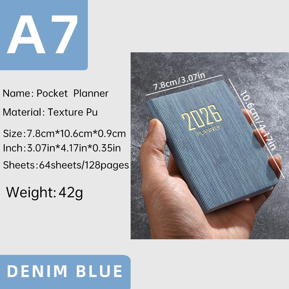 A7 specification 2026 English planner book, mini portable pocket daily schedule book, 64 sheets 128 page thin weekly calendar
