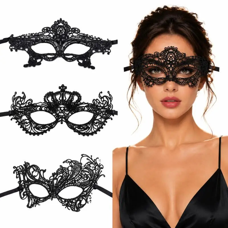Black Lace Masquerade Eye Mask Hollow Out Venetian Mask Adjustable Ribbon Tie Halloween Carnival Party Cosplay Costume Accessory