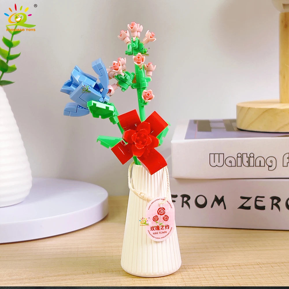HUIQIBAO MOC Flower with pot Micro Building Block Sunflower Mini Model Bricks set Flowers Toys for Adults home Desk Decoration