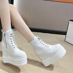 Brand Punk Style Women 12CM Platform Wedges Boots Autumn Soft Leather Fashion Metal Rivet Female Lace Up High Heel Gothic Shoes
