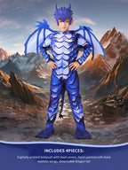 The Frost Blue Dragon Knight Jumpsuit for Kids, Halloween Carnival Theme Party Costume with Wing Tail Mask