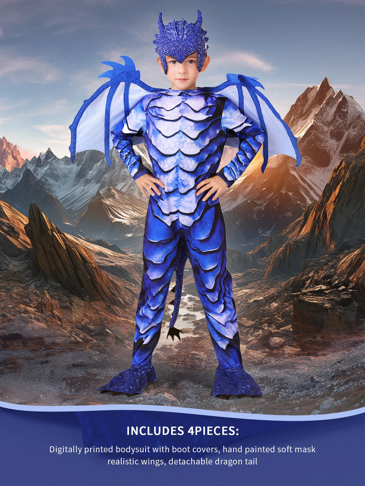 The Frost Blue Dragon Knight Jumpsuit for Kids, Halloween Carnival Theme Party Costume with Wing Tail Mask