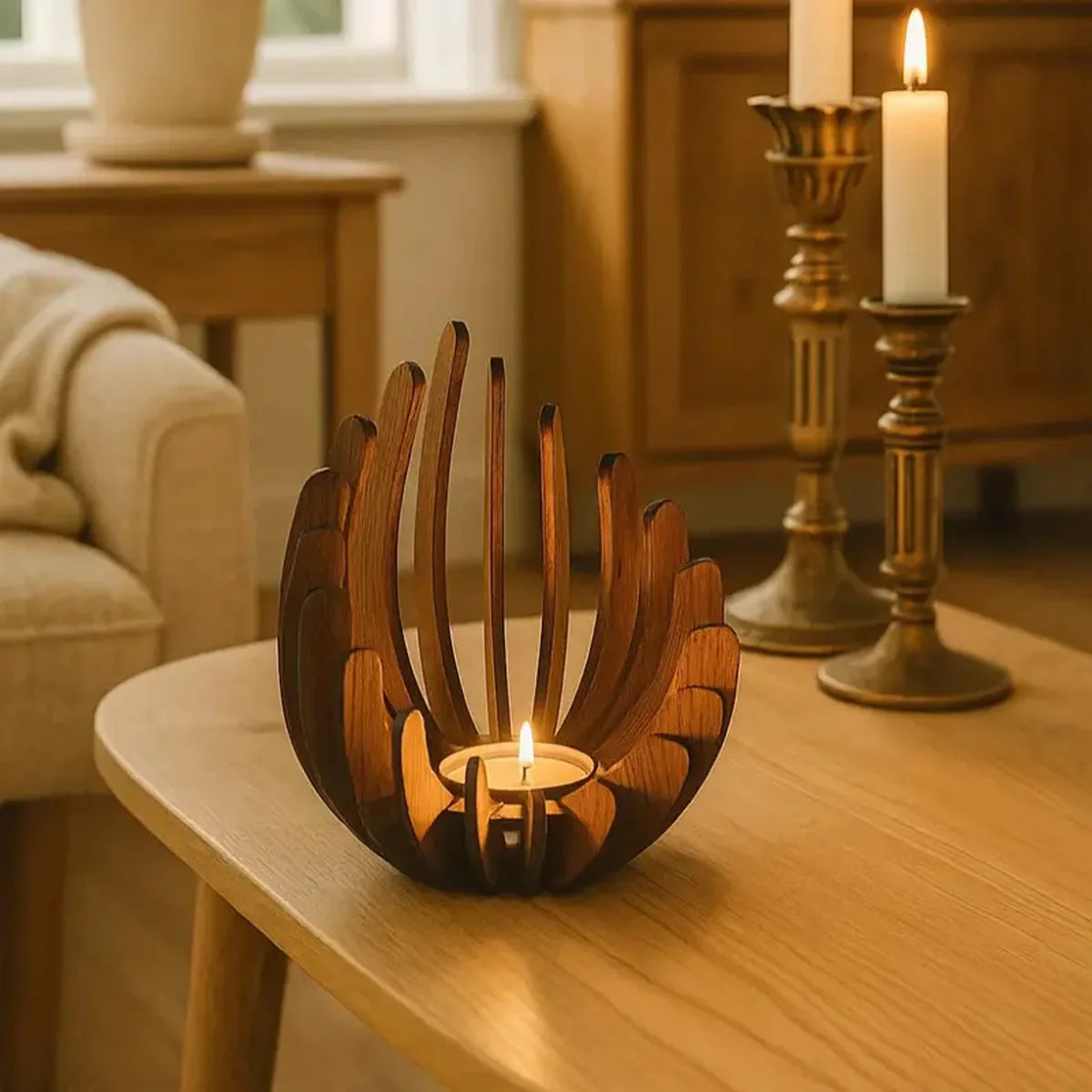 1Pc Hand-Assembled Lotus Candle Holder - Elegant Wooden Tea Light Centerpiece, Home Table Decor for Weddings, Christmas, Mot