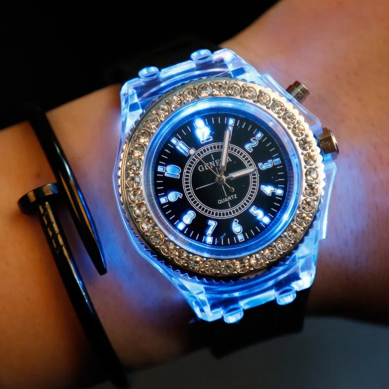 LED Light Flash Luminous Watch – Silicone Rhinestone Wristwatch