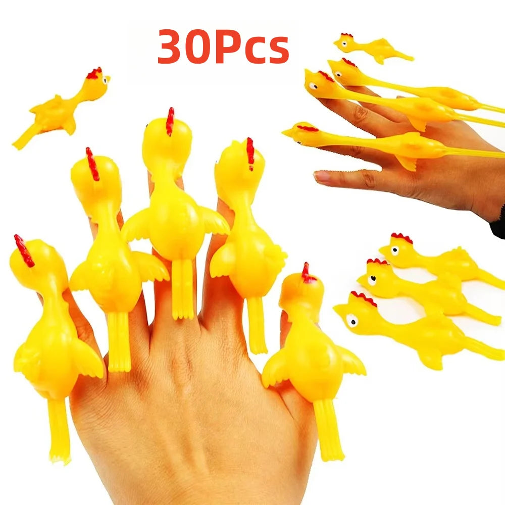20pcs Novelty Sport Catapulted Ejection Chicken Toy Rubber Prank Flying Toy Slingshot Chicken Finger Toys Turkey Sticky
