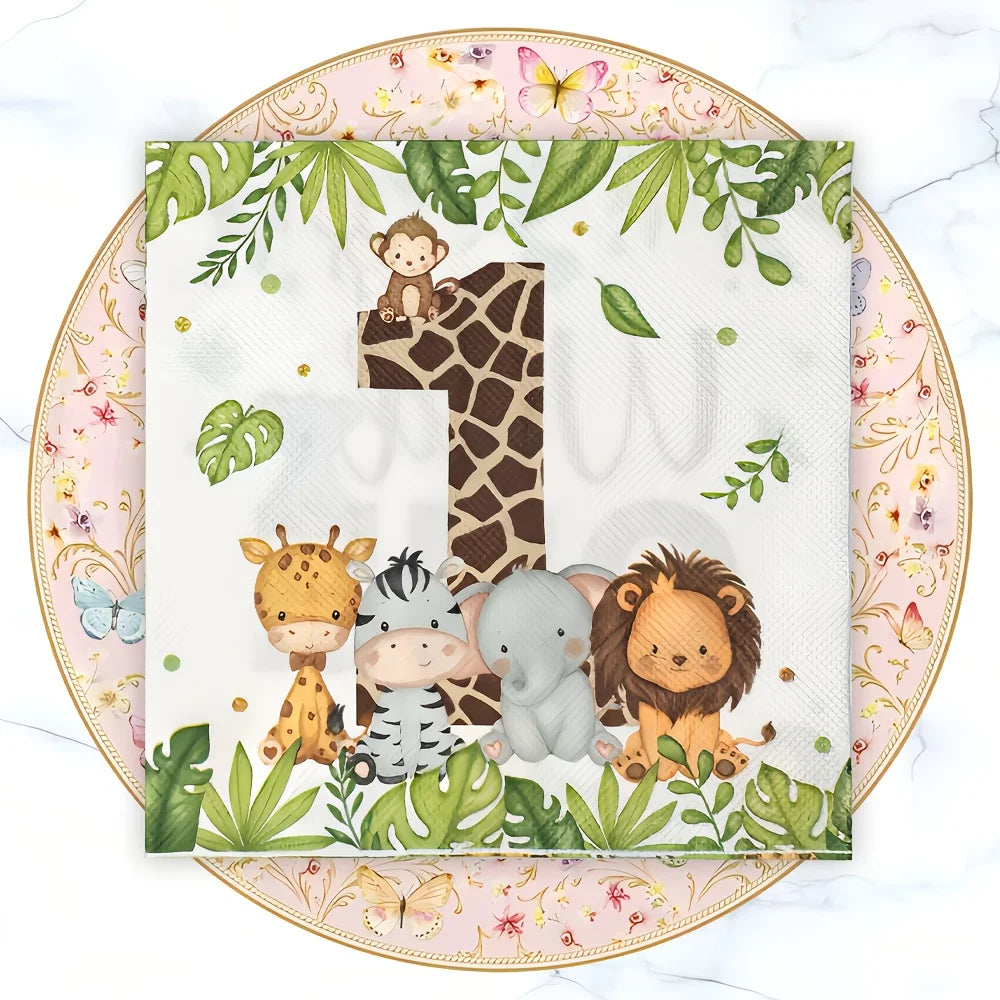 20Pcs/Bag Jungle Animals ONE Printed Napkins Wedding Birthday Baby Shower Party Paper Tissues Camping Hotel Table Napkins