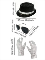 Michael Jackson Costume Accessories Set - Sequin Fedora Hat + Rhinestone Gloves + Aviator Sunglasses, Halloween Cosplay Party Dr