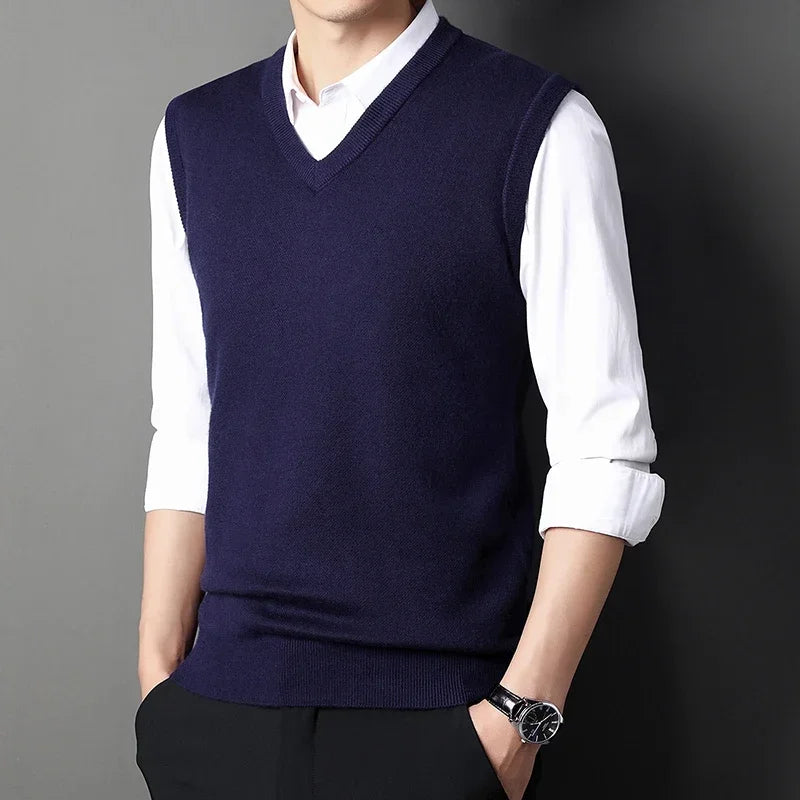 2026 Autumn Winter New Men's Solid Color V-neck Knitted Vest Casual Fashion Warm Sweater Versatile Top