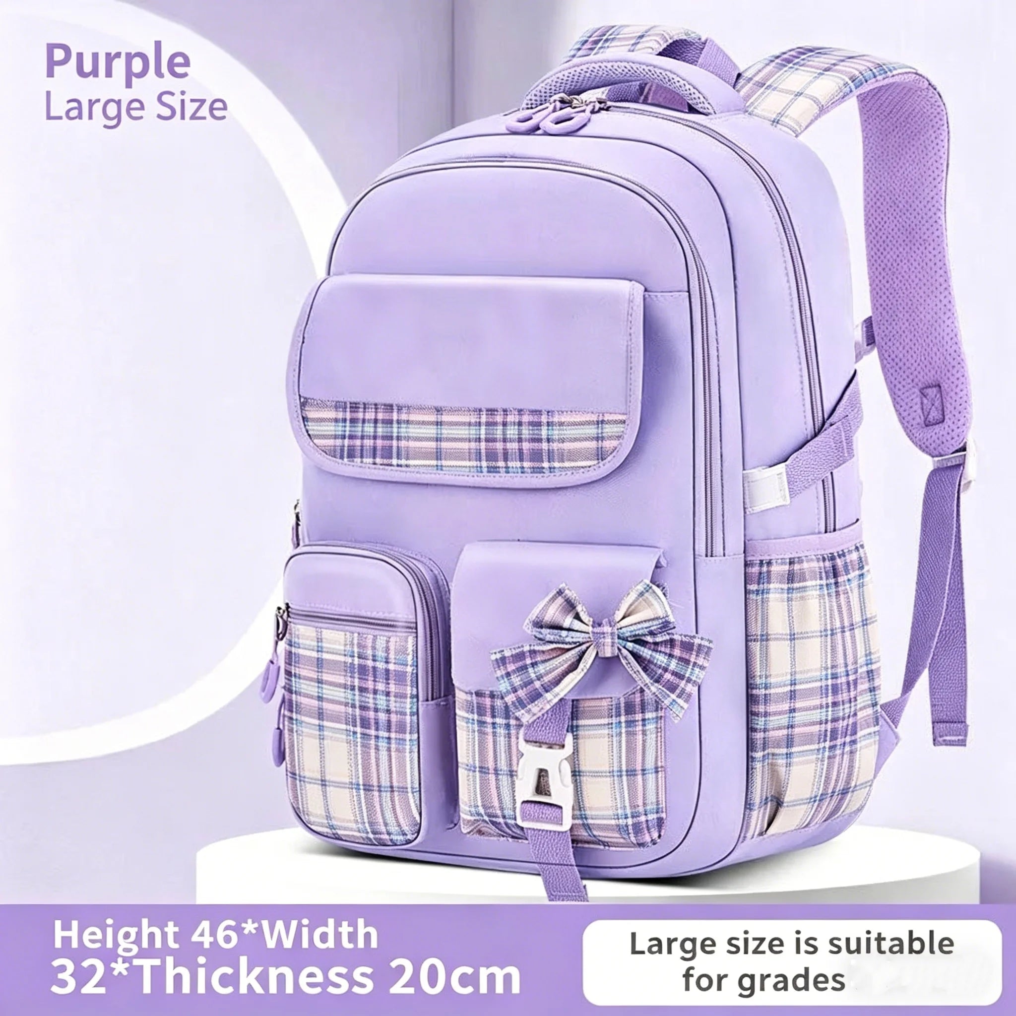 Protecting The Spine Ergonomics Elementary School Students Girls Checkered Backpack Large Capacity Lightweight Waterproof