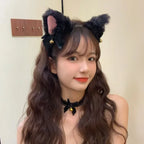 Sexy Cat Ears Headband for Women Girls Lace Bow Necklace Plush Bell Hairband Cosplay Masquerade-Party Costume Hair Accessories