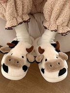 Cow Pattern Plush Slippers Cozy Winter House Shoes for Adults