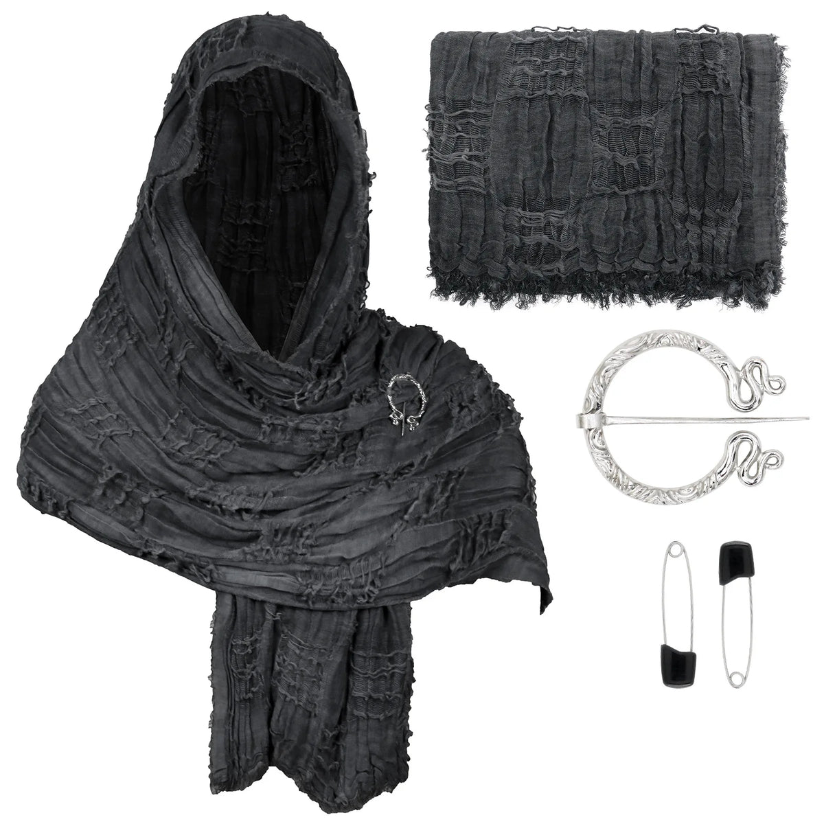 Medieval Vintage Hooded Shawl Scarf Cloak For Men Women Renaissance Halloween Tattered Layered Textured Frayed Cosplay Costume
