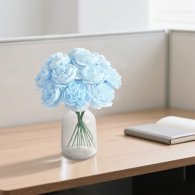 20CM 6Pcs Artificial Silk Blue Peony Flowers With Stems Fake Peony Bouquet  for Home Wedding Decoration Office Desks Ornament