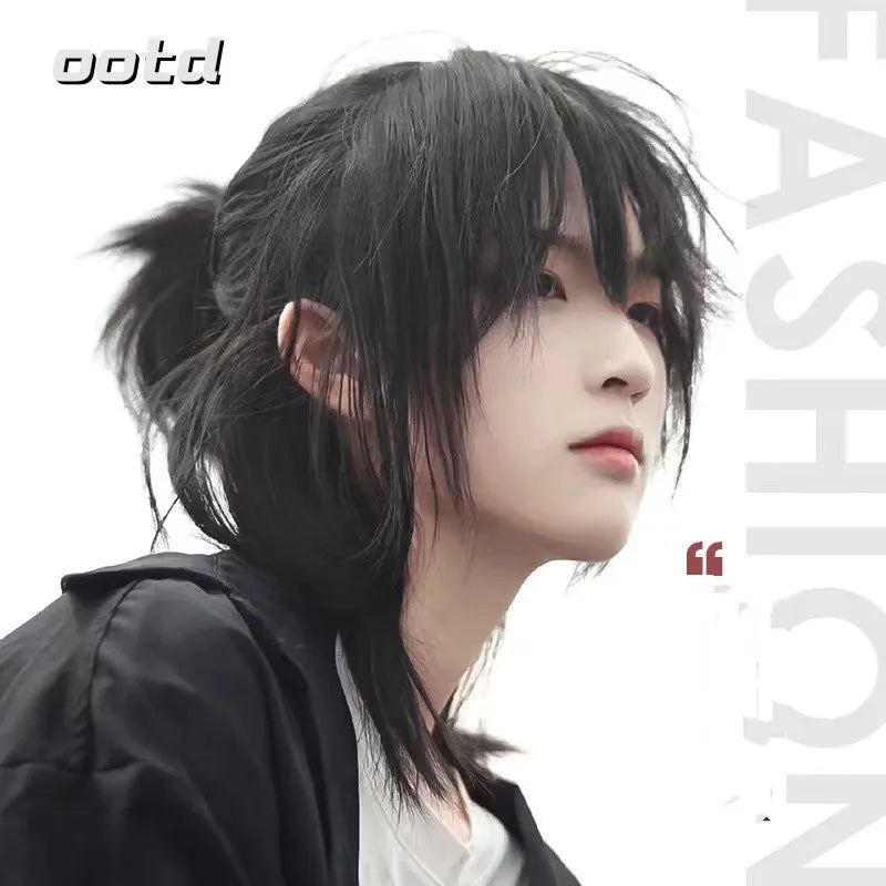 Short Mullet Head Wigs with Bangs Synthetic Straight Anime Men Black Gray Green Hair Wig for Daily Party Cosplay