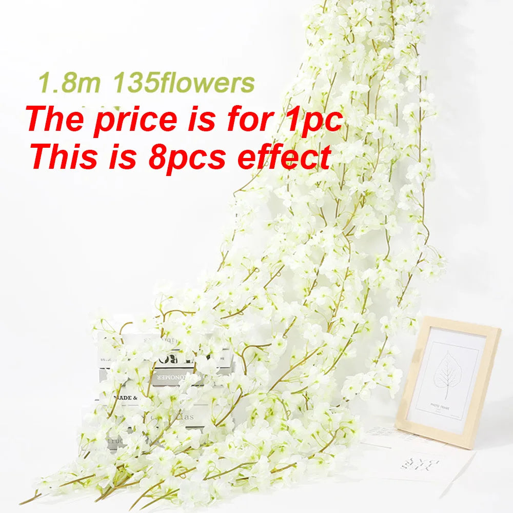 1pc 5.6ft Artificial Sakura Flowers Vine Wedding Garden Rose Arch Home Party Decoration Spring Bridal Fake Silk Scrapbook Plants