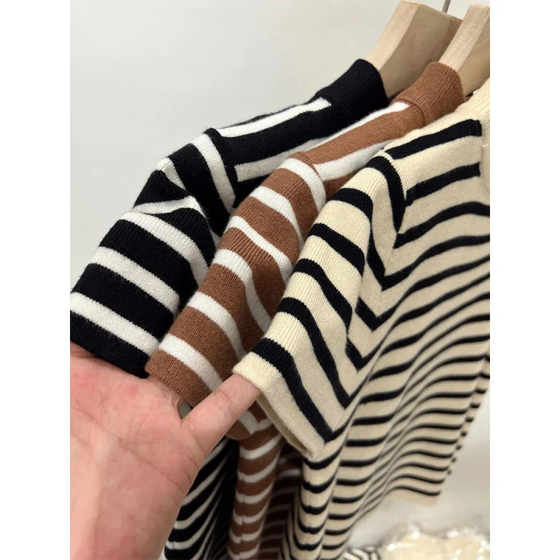 Half Turtleneck Pullover Striped Sweater Sweater Slim Fit Top Shirt Women's Early Spring and Autumn Short Sleeve Bottoming Shirt