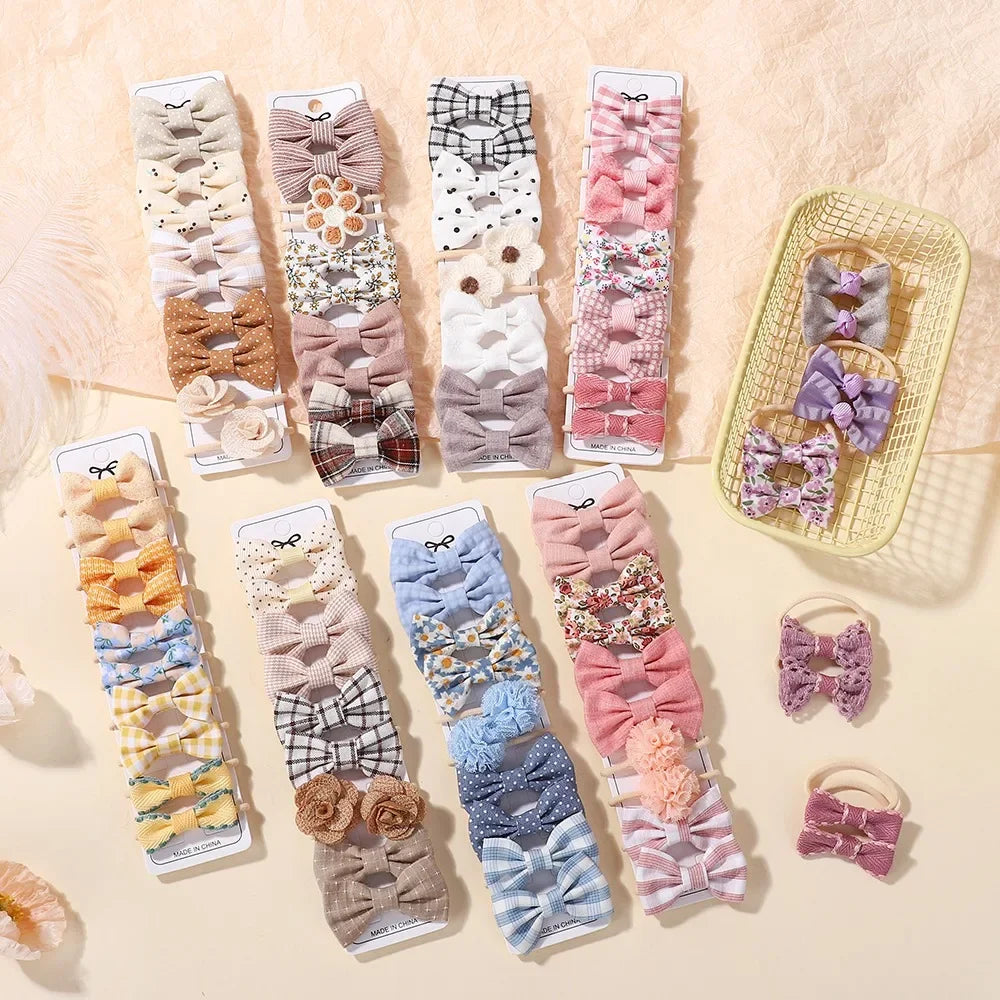 10Pcs Girls Fresh Bowknot Head Rope Sweet Printing Double Ponytail Hair Ties Bands Head Scrunchies Without Cardboard