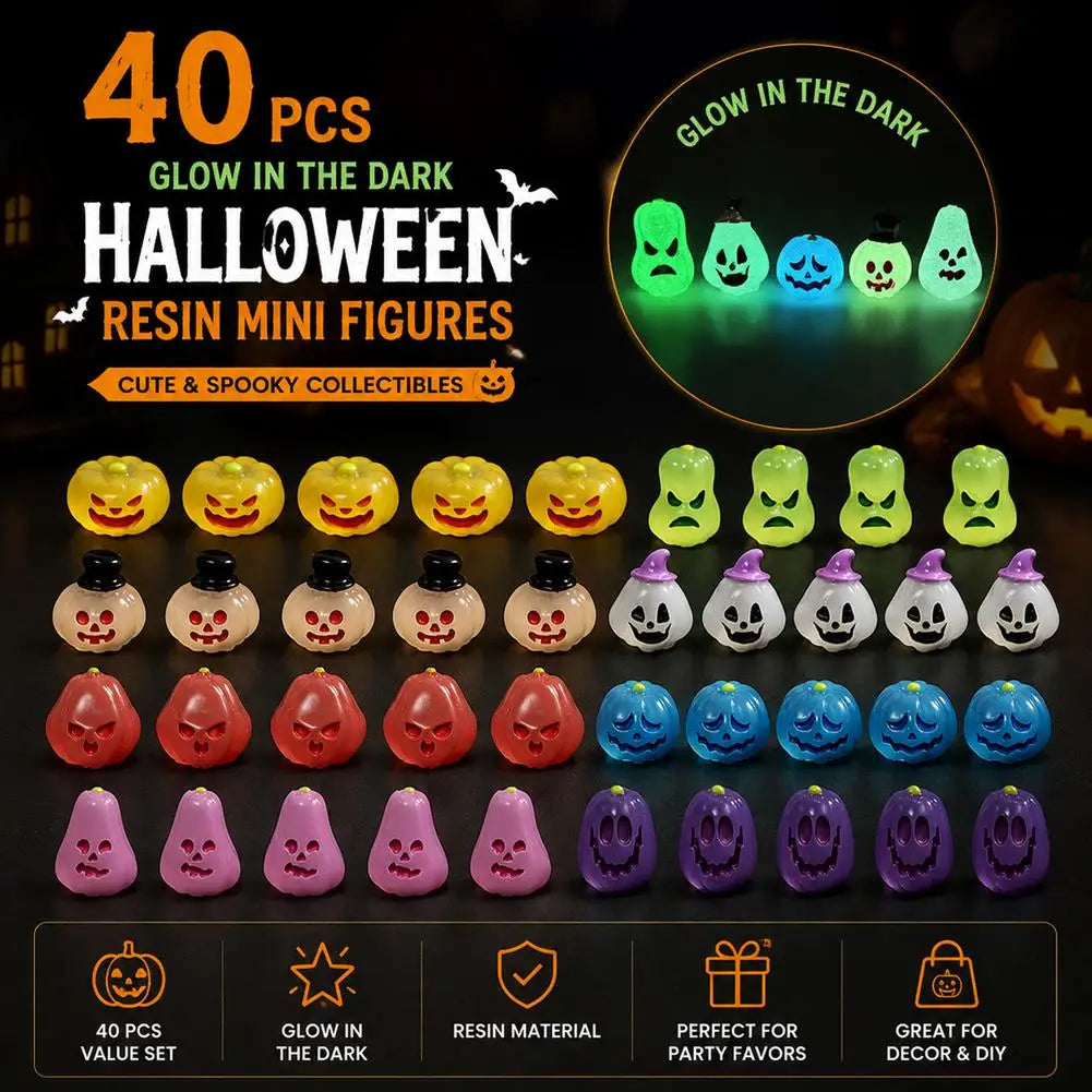 40PCS Glow in The Dark Halloween Resin Mini Figures Mini Pumpkin Ghost Ornament DIY Fairy Garden Micro Landscape Decor