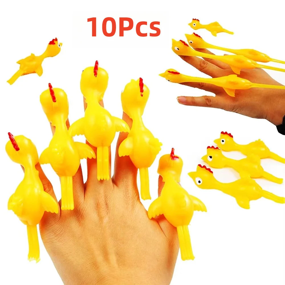 20pcs Novelty Sport Catapulted Ejection Chicken Toy Rubber Prank Flying Toy Slingshot Chicken Finger Toys Turkey Sticky
