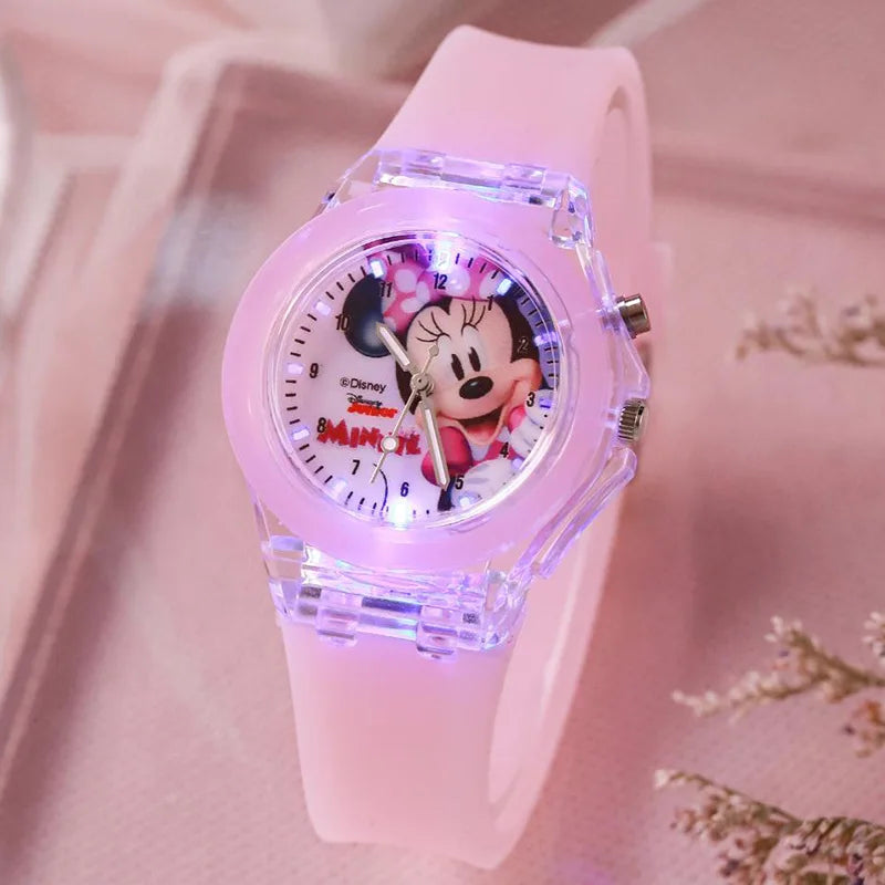 Cute Mickey Minnie Children Watches with Flash Light Silicone Strap Kids Watch Girls Anime Action Figures Model Toys Clock Gift