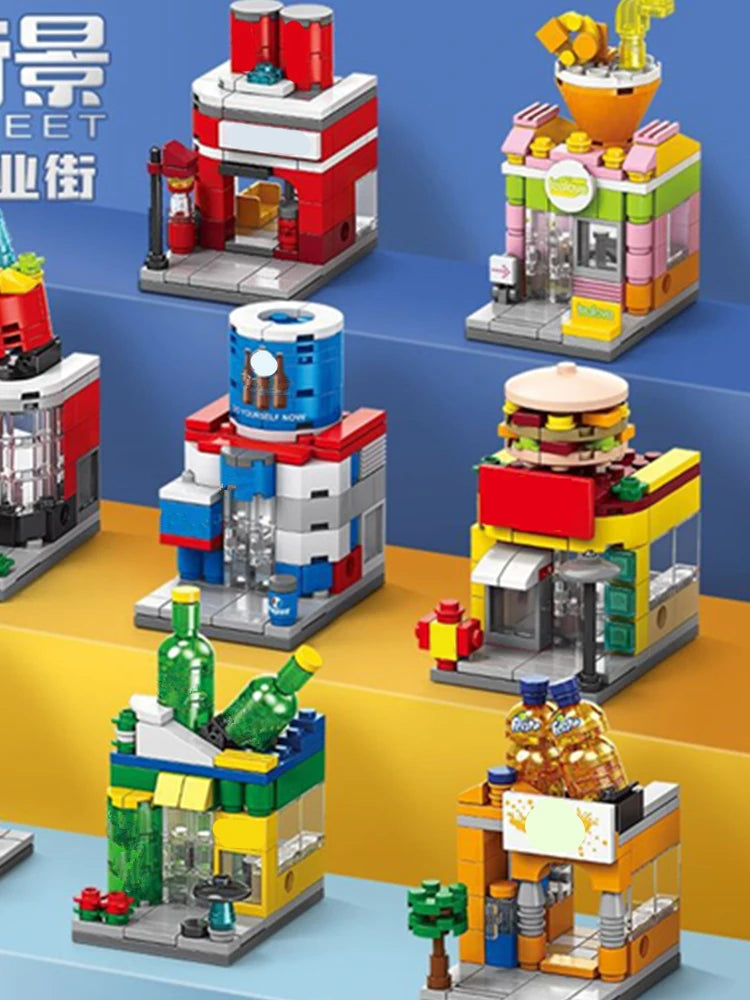 Mini ABS Self-Locking Bricks Street View Blocks Panda Coffee Ice Cream Flower Shop DIY Toy for Kids Girls Birthday Gift