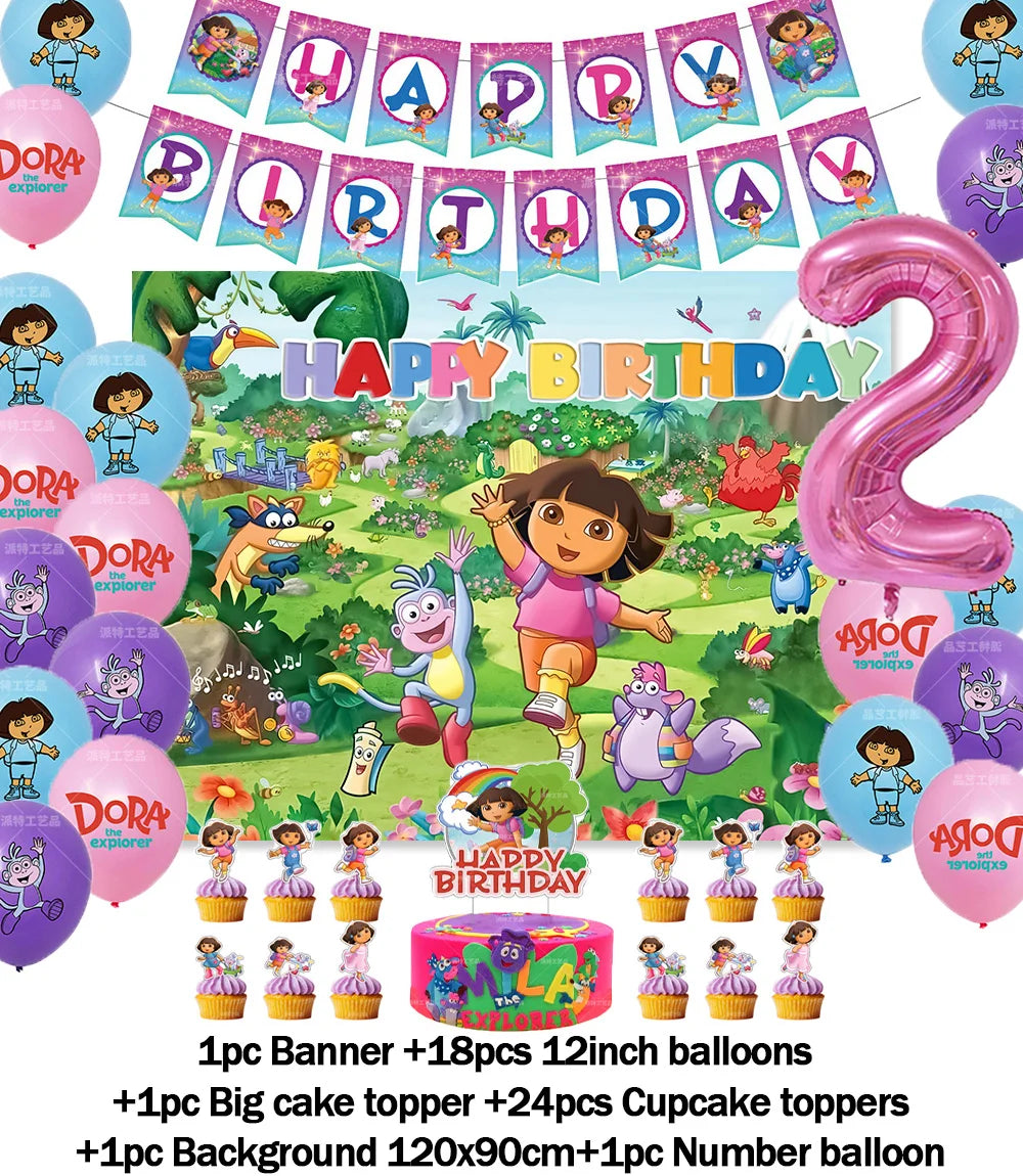 Cartoon-Dora-The-Explorer Theme Kids Birthday Party Digital Balloon Banner Background Cake Topper Decoration Supplies Baby Gifts