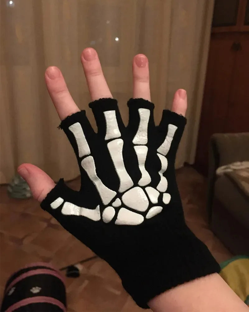 New Punk Gloves Unisex Halloween Skeleton Skull Half Finger Gloves Glow In The Dark Fingerless Stretch Knitted Winter Mittens