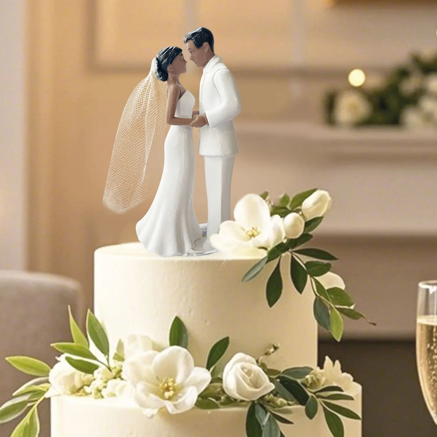 Elegant Bride & Groom Wedding Cake Topper with Veil 4.3" - Anniversary, Bridal Shower, Engagement Party Decoration