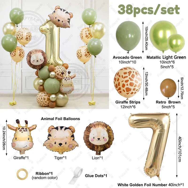 38pcs Wild Animal Balloon Tower with Gold 1-9 Number Balloon for Jungle Safari Birthday Party Decoration Forest Party Supply