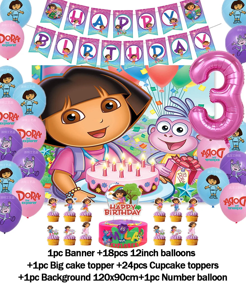 Cartoon-Dora-The-Explorer Theme Kids Birthday Party Digital Balloon Banner Background Cake Topper Decoration Supplies Baby Gifts