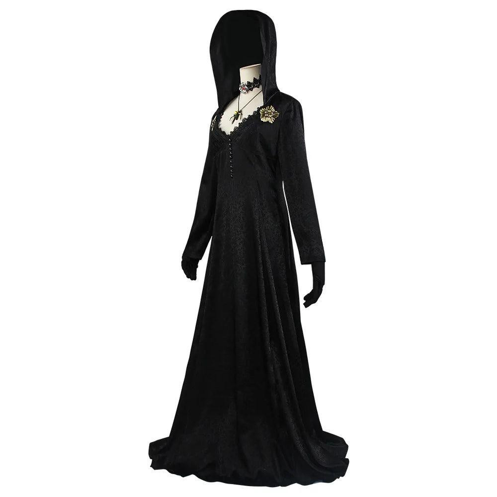 In Stock Moth Lady Evil Cosplay Fantasia Village Vampire Lady Dimitrescu Costume Women Black Dress Halloween Carnival Party Suit