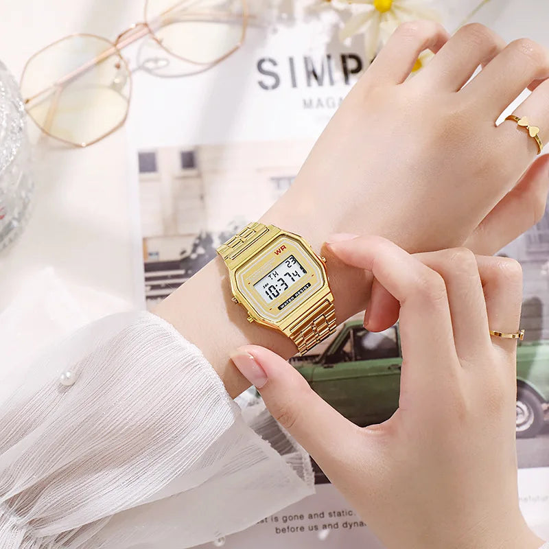 Rose Gold Digital Sports Watch – Retro Electronic Wristwatch