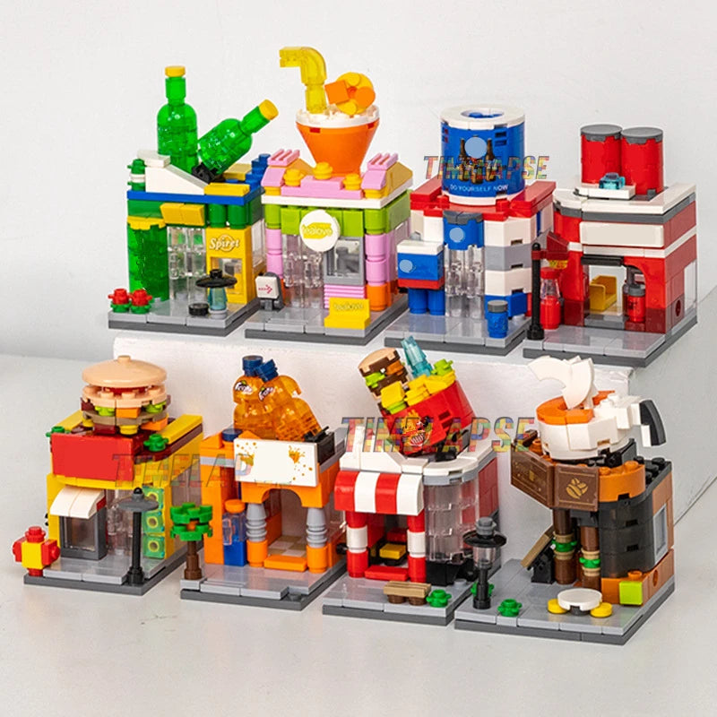 Mini ABS Self-Locking Bricks Street View Blocks Panda Coffee Ice Cream Flower Shop DIY Toy for Kids Girls Birthday Gift