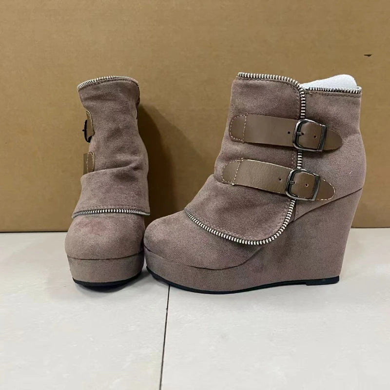 2025 New Women's Boots Zip Womens High Heels Suede Fashion Wedge Heels Durable Retro Women Ankle Boots Round Head Bottes Femmes