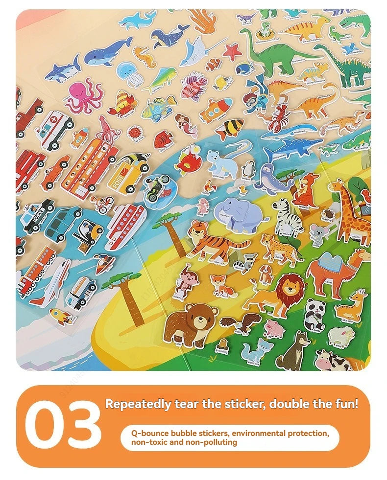 Sticker Books 3D Reusable Stickers Books Animal Dinosaurs Ocean World Vehicle Educational Travel Stickers