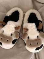 Cow Pattern Plush Slippers Cozy Winter House Shoes for Adults